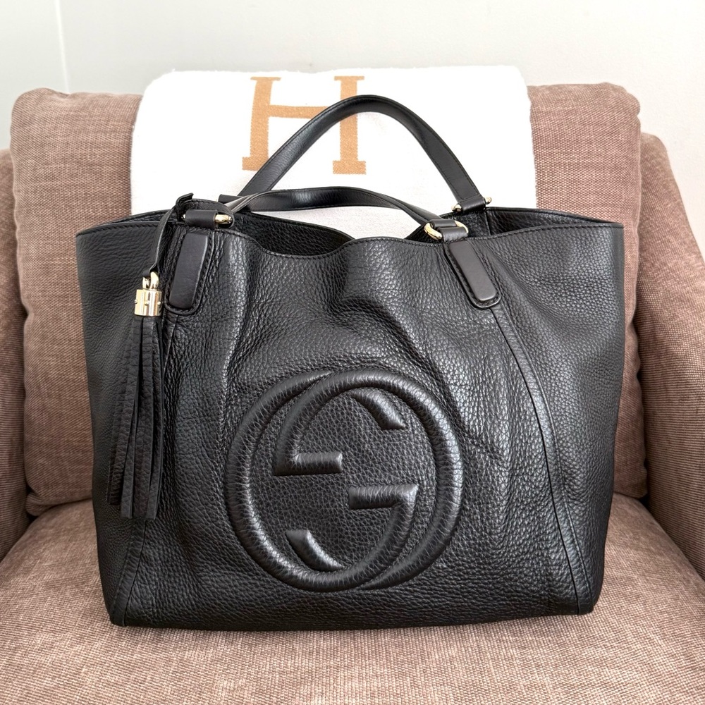 Gucci authentic SoHo shoulder bag tote black leather medium tassels - Picture 2 of 16